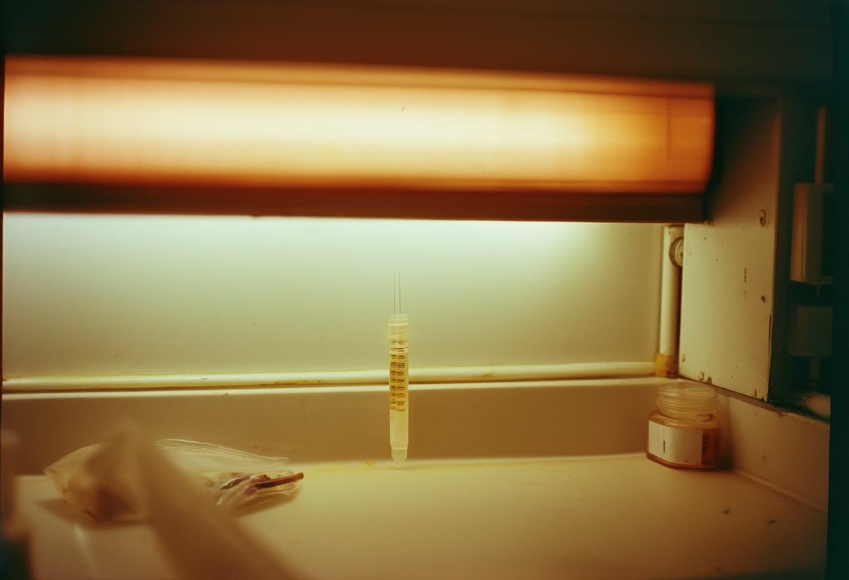 A sterile compounding bench under a laminar flow hood with a single small vial, a pipette, and a blank wall-mounted screen above it.