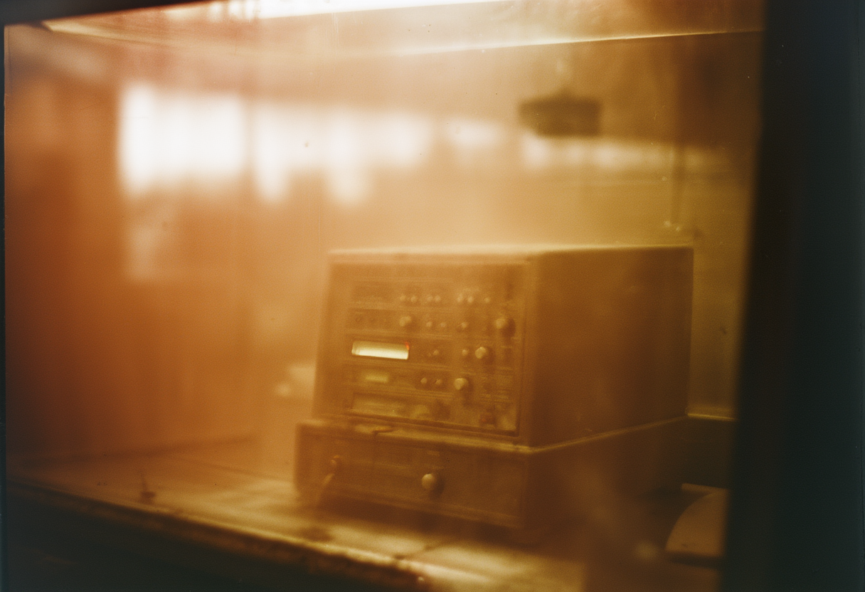 A benchtop DNA synthesizer at an Oakland community lab, an amber status light glowing, its order queue held pending screening clearance.
