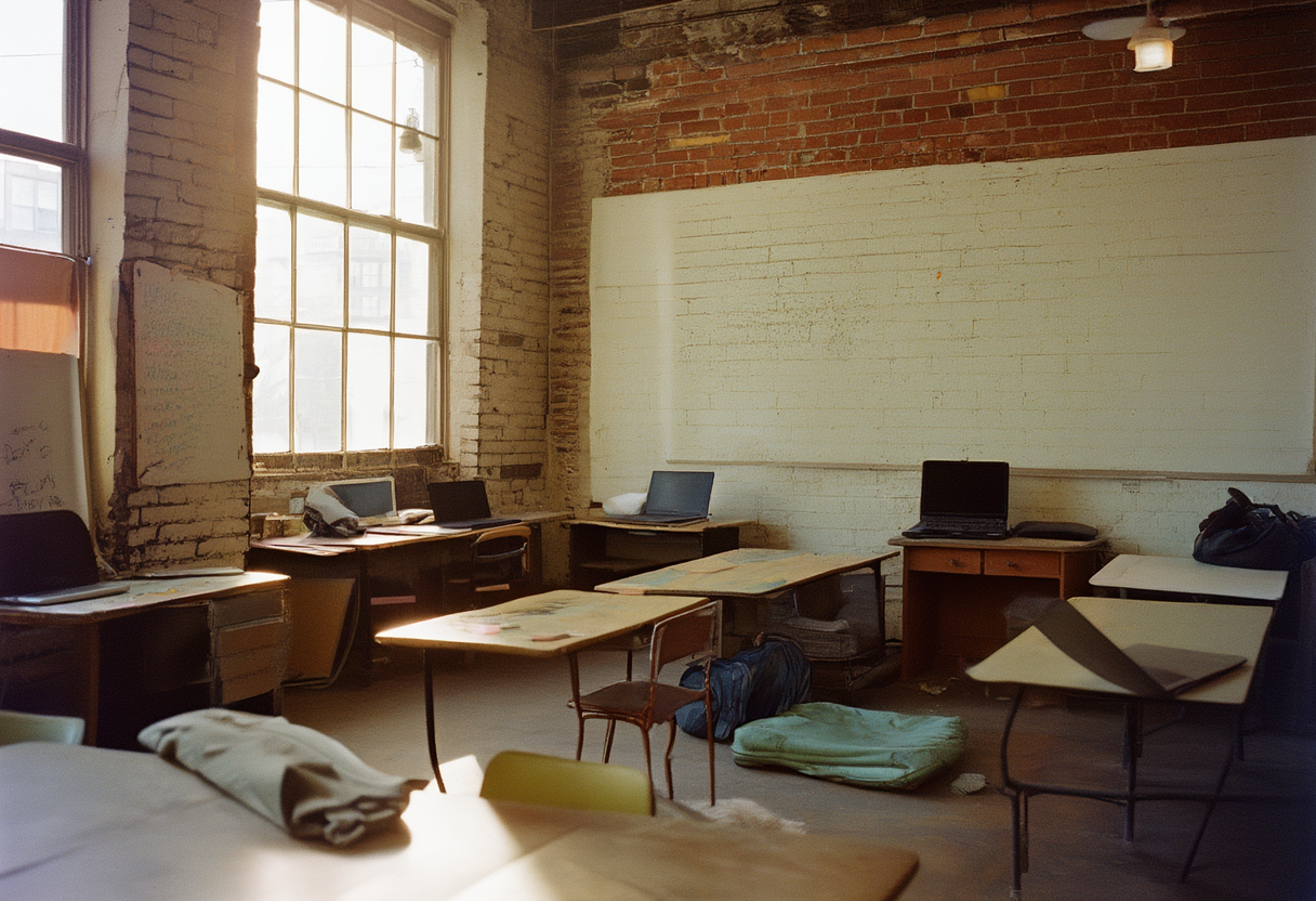 A converted warehouse study room with mismatched desks and duffel bags against a brick wall.