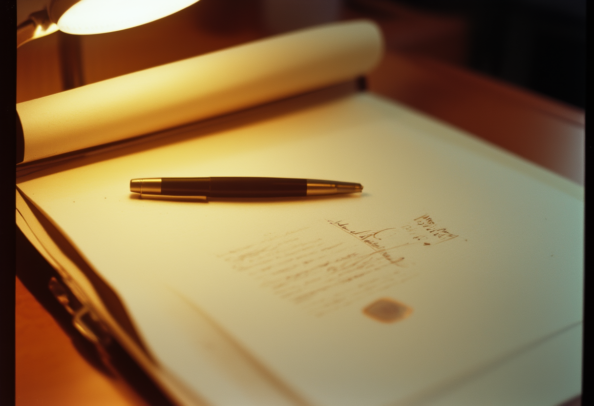A thin paper folder opened flat showing a dated printout, a signed letter and a small adhesive seal.