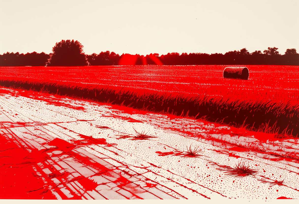 A thinly cut brome hayfield with cracked dry ground and a baler parked at the edge.