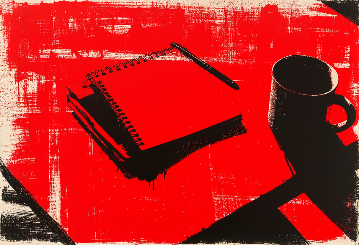 An open notebook on a kitchen table beside a face-down phone, a folded receipt and a mug.