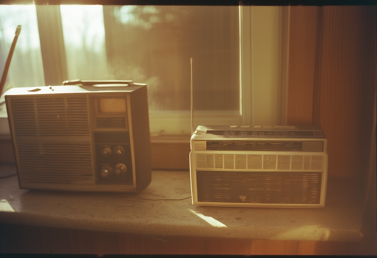 A palm-sized off-grid mesh radio on a kitchen windowsill, amber screen lit, taped antenna, morning light