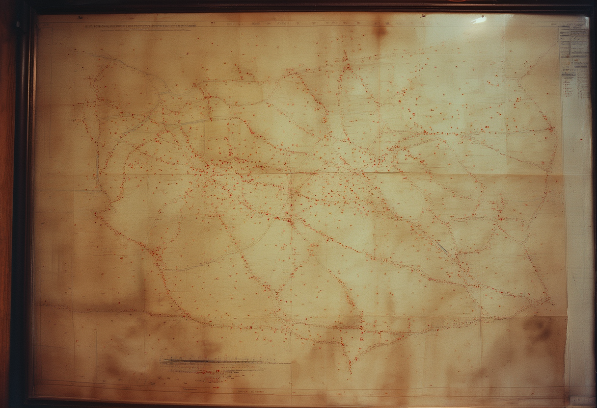 A dark web map dense with glowing dots along a mountain valley, each dot a self-reporting mesh node