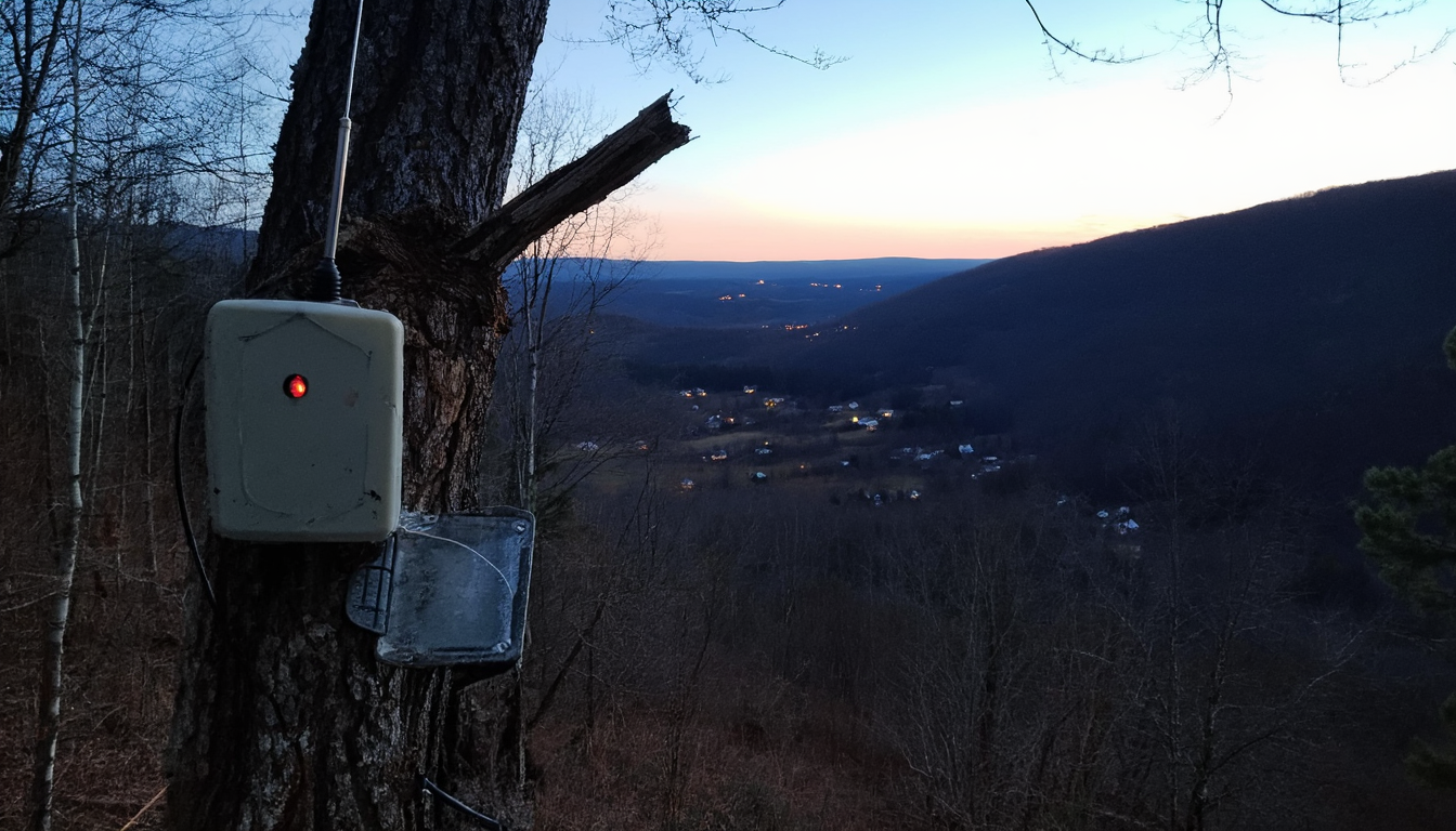 A solar-powered mesh relay bolted to a dead pine above an Appalachian valley, the lit farmhouse windows below falling away into points of light.