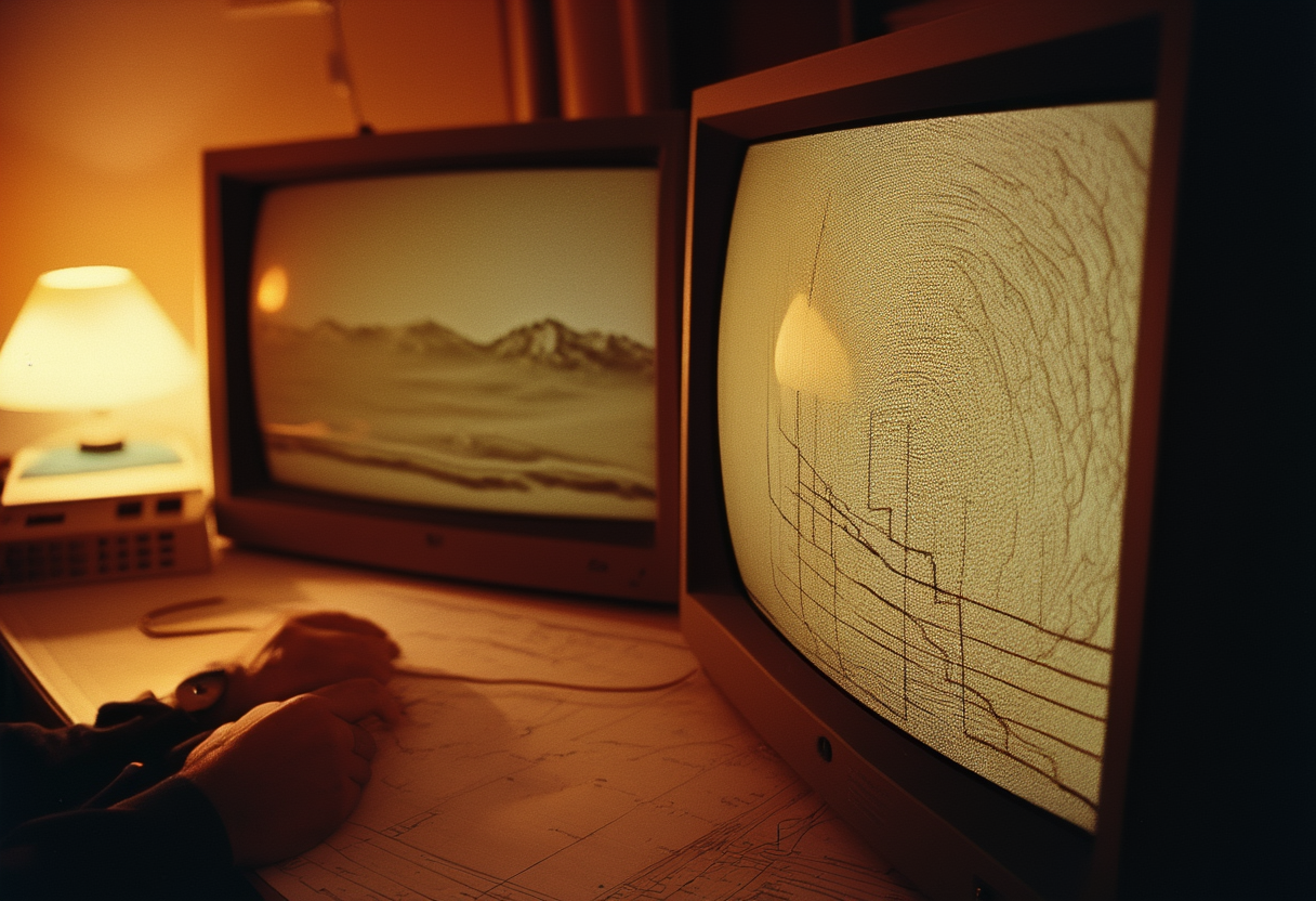 Two monitors showing overlapping pale radar sweeps and a polygon drawn over mountain terrain, a stack of plotted curves beside them.