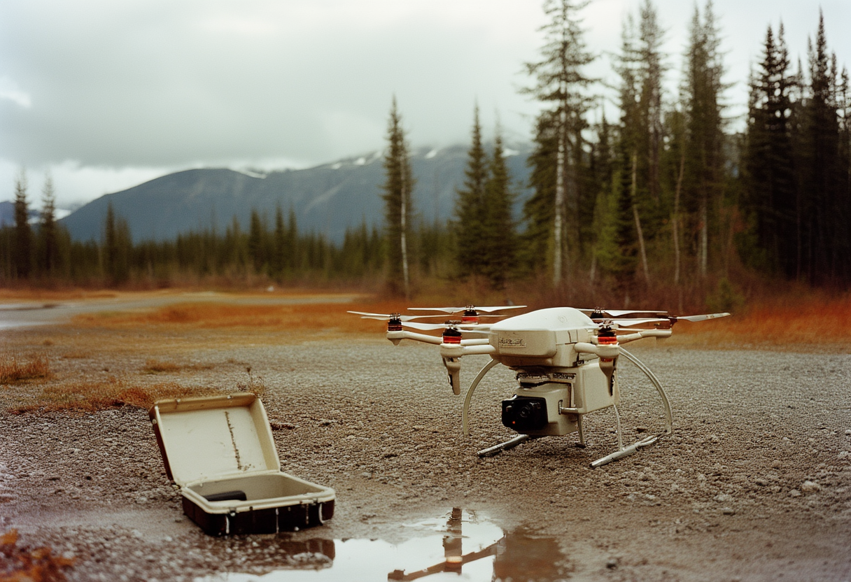 A small four-rotor drone on a wet gravel apron at a spruce treeline under a low grey sky, water beading on its shell.