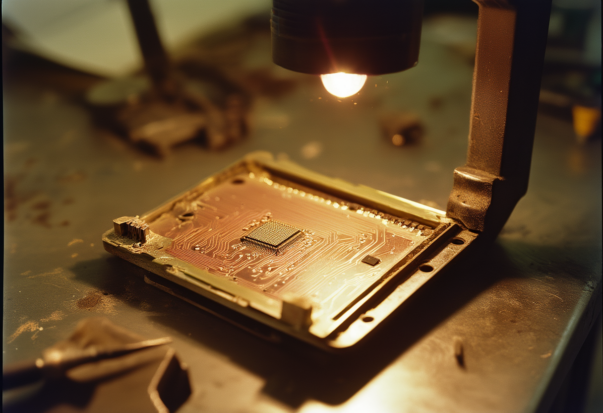 A 2036 documentary photograph of a Coldcard hardware wallet on a repair-shop workbench under a bright inspection lamp, its case opened, tweezers resting beside it, a magnified view of the circuit board
