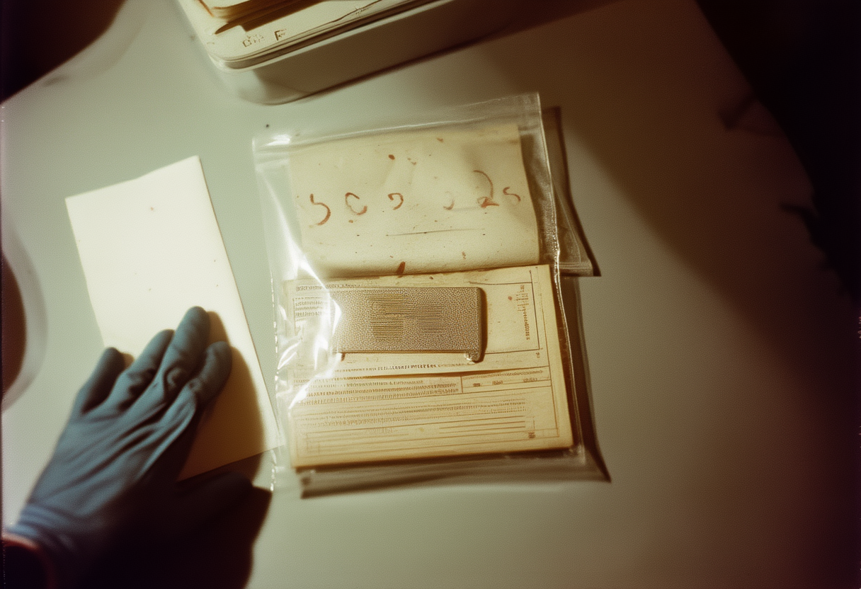 A 2036 documentary photograph looking down at a printed paper wallet backup and a metal seed-phrase plate sealed in an evidence bag, laid on a grey table, tagged and numbered