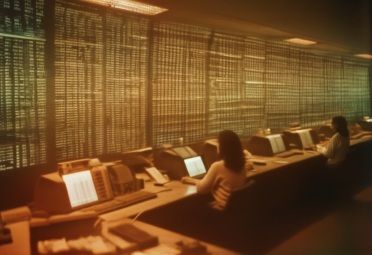 The information floor beneath two identical apps, 2035. Institutional desks read proprietary, near-real-time signals; retail platforms…