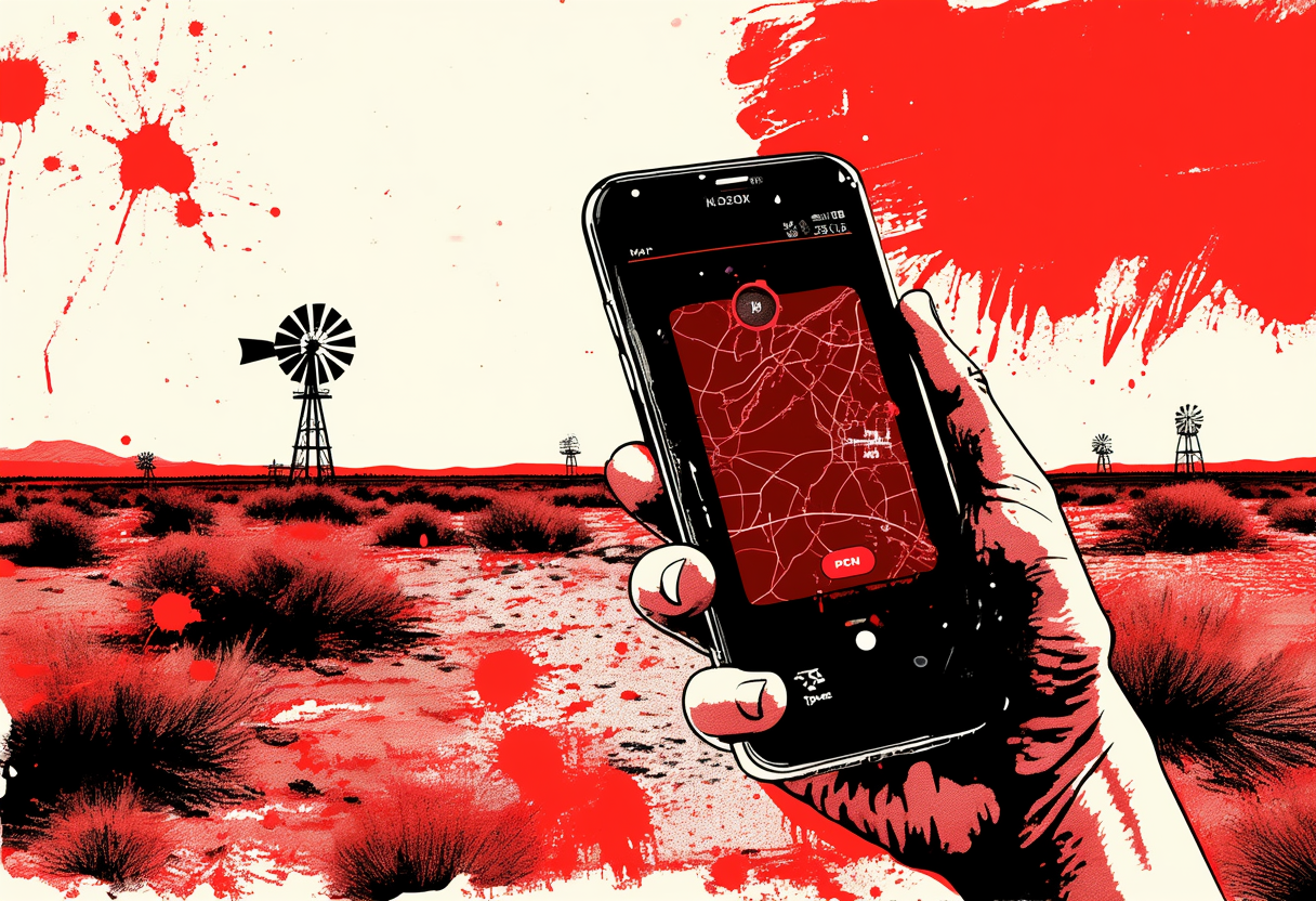 A hand holds a phone displaying a well-siting map over a dry Arizona rangeland, a ring drawn around one quarter-section.