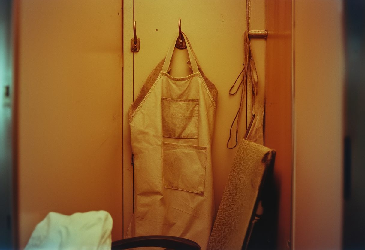 A heavy lead apron hanging from a wall hook in a narrow control alcove, dust along its shoulder seam.