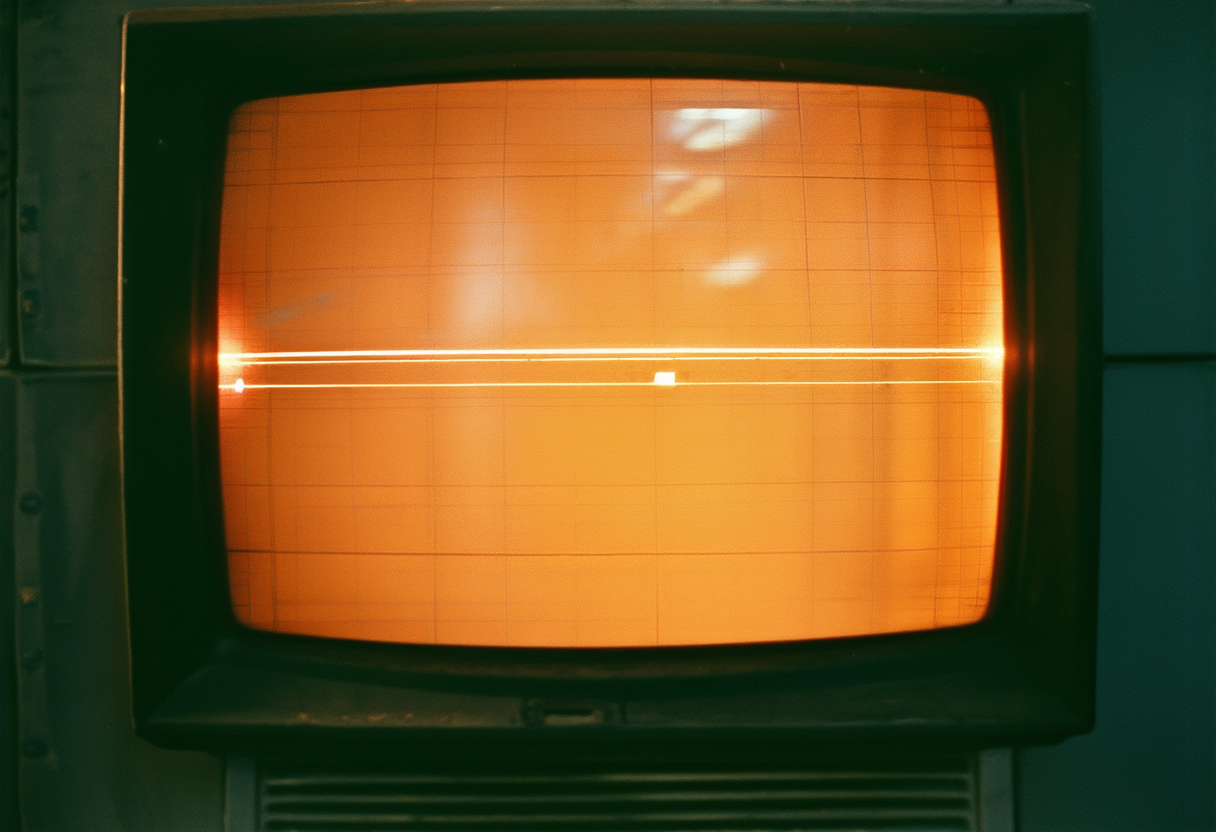 A dark control monitor showing a thin bright curve against a faint grid, with a small marker near its end.