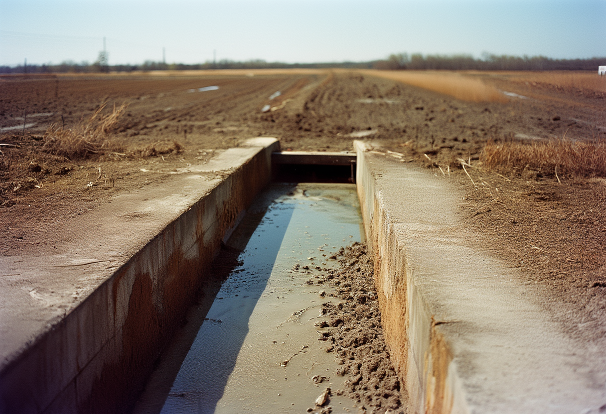 A dry concrete irrigation ditch with a closed sluice gate and cracked silt on its floor along the edge of a bare field.