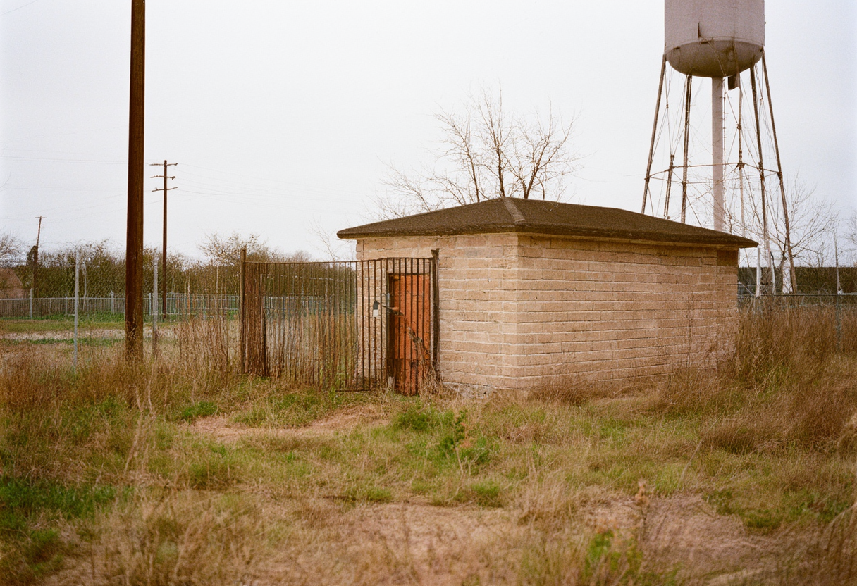 A plain blockwork municipal pump house beside a steel water tower, its service yard closed by a padlocked gate.