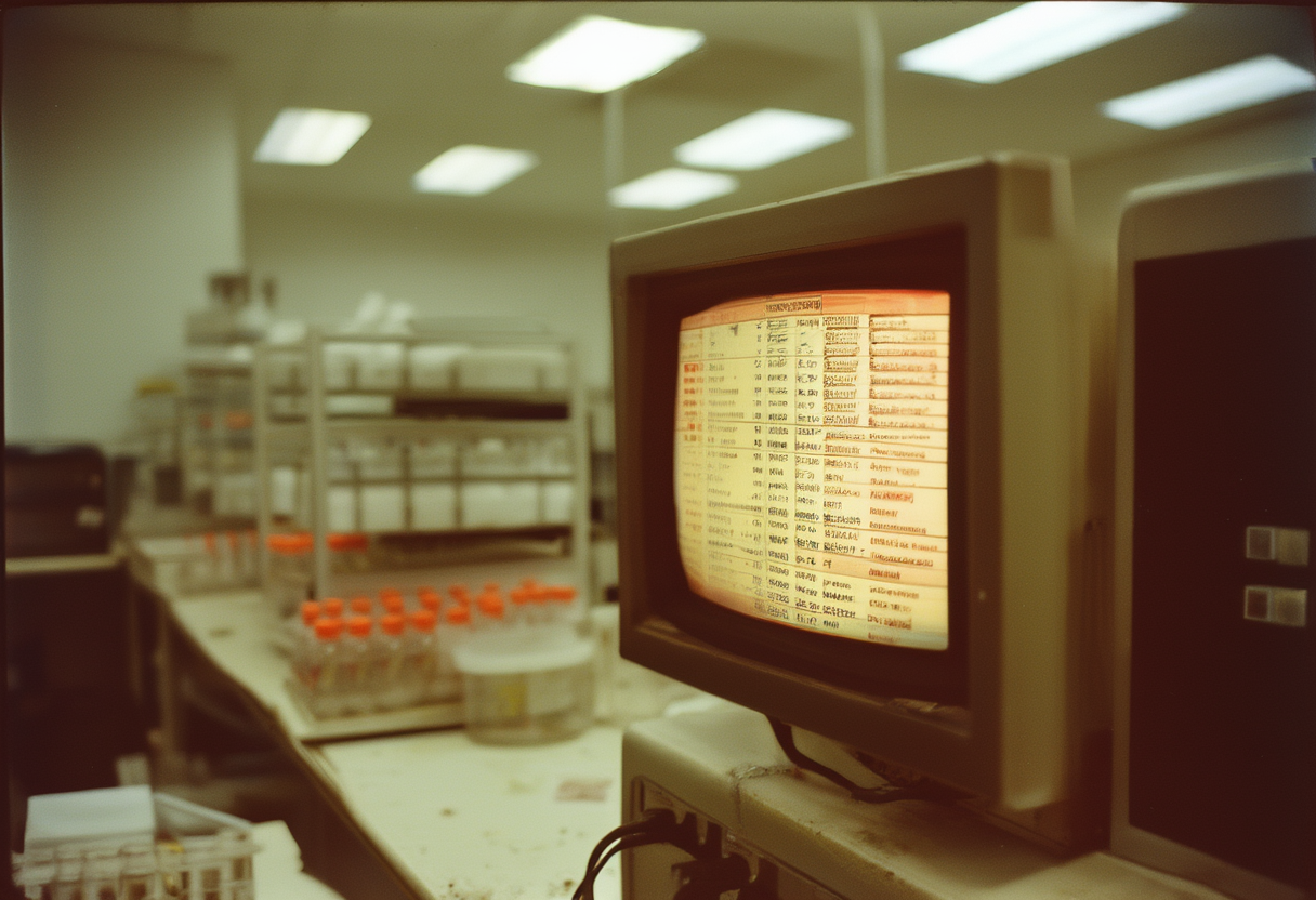 A biosecurity screening console showing an incoming DNA-synthesis order rendered as a strand of letters, with a status line reading NO DATABASE MATCH, FULLY NOVEL