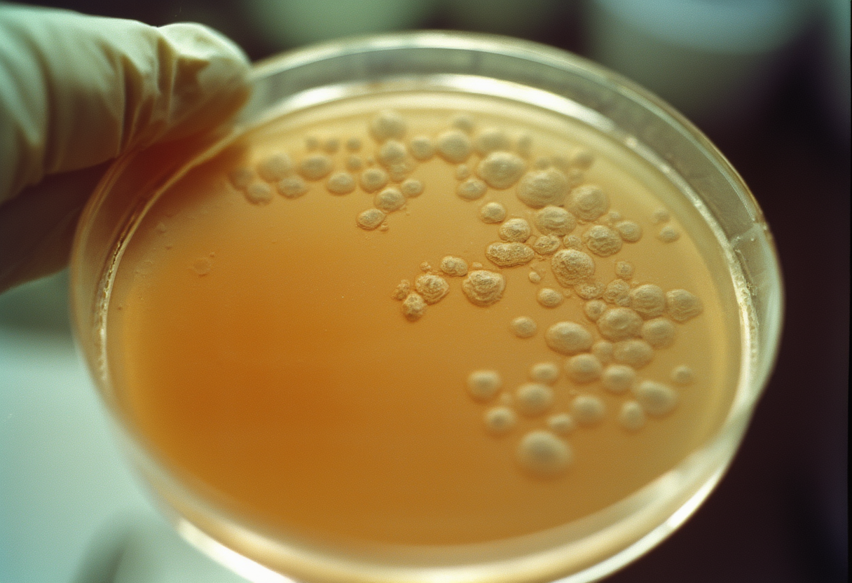 Clear circular plaques spreading across a lawn of bacteria on a lab plate, where AI-designed bacteriophages have killed the host cells