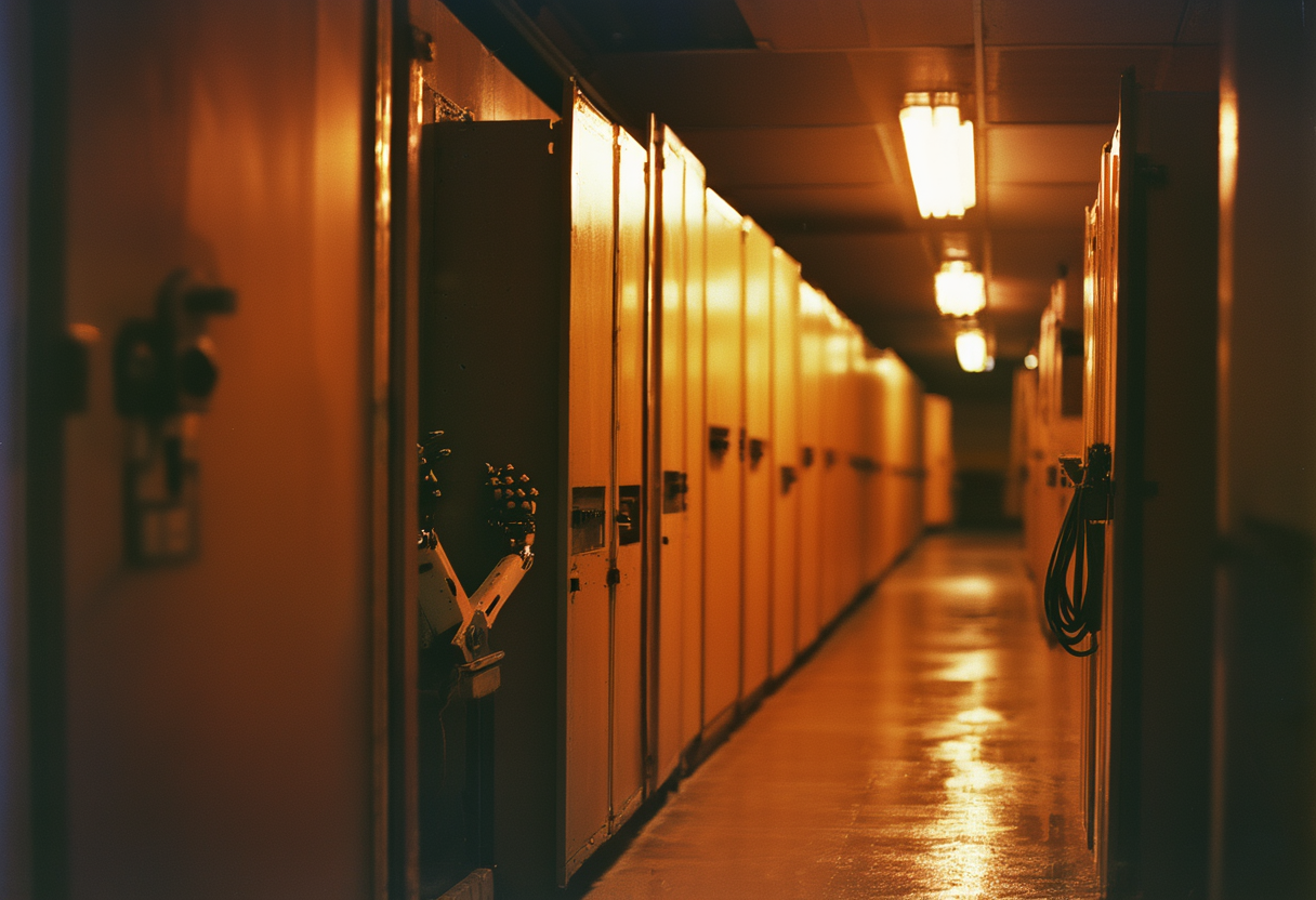 A row of warm cabinets in a night corridor with one door open on a robotic hand unit and coiled media lines on a hook.