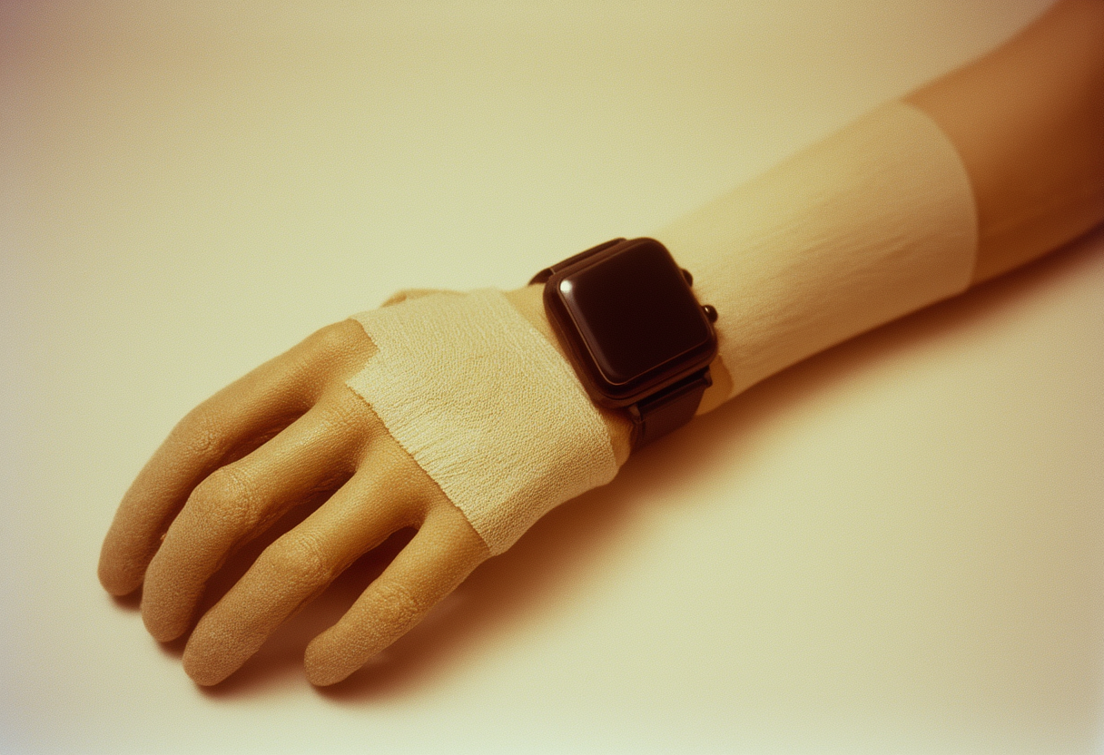 A robotic hand wrapped in pale cultured tissue with a plain dark watch strap fastened across the back of it and a blank sensor puck beside the wrist.