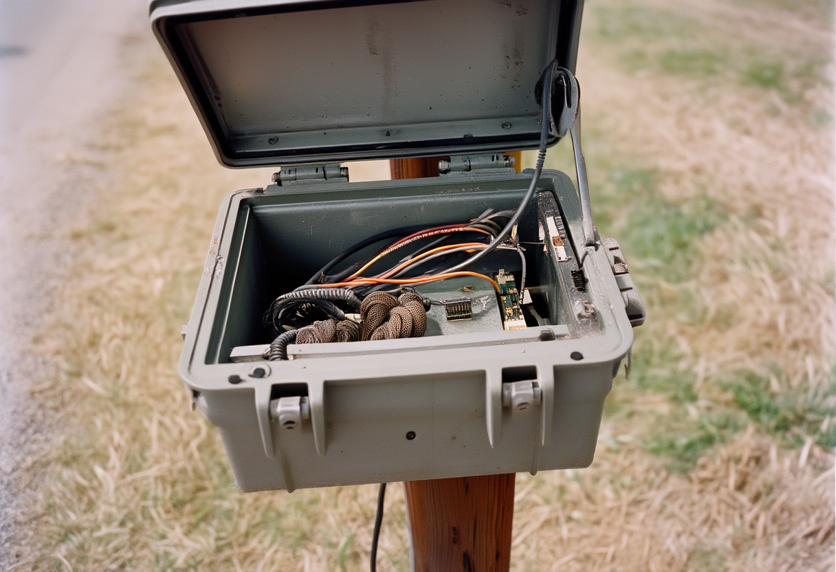 A small gray sensor box open on a pole, its circuit board and coiled wiring still fitted inside under a film of dust, and no indicator light.