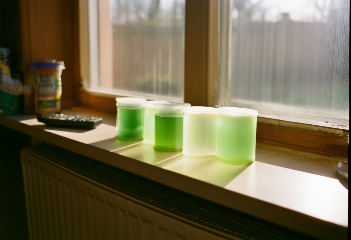 Three transparent green cells lined up on a sunlit kitchen sill beside a plastic remote control.