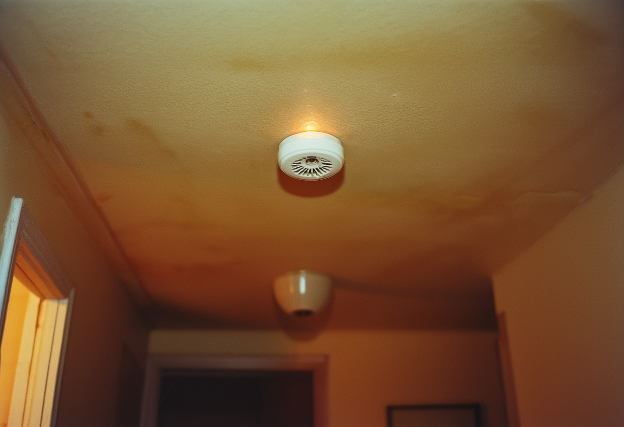 A round white ceiling smoke alarm in a dim windowless hall with a single small amber indicator lit.