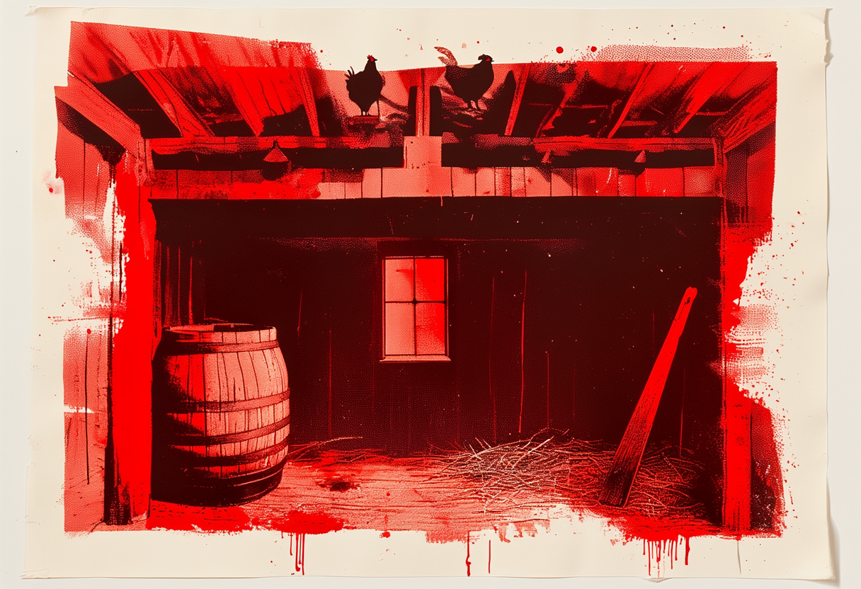 An open wooden brewing vat in a low timber-beamed room with hens roosting on the beam above it.
