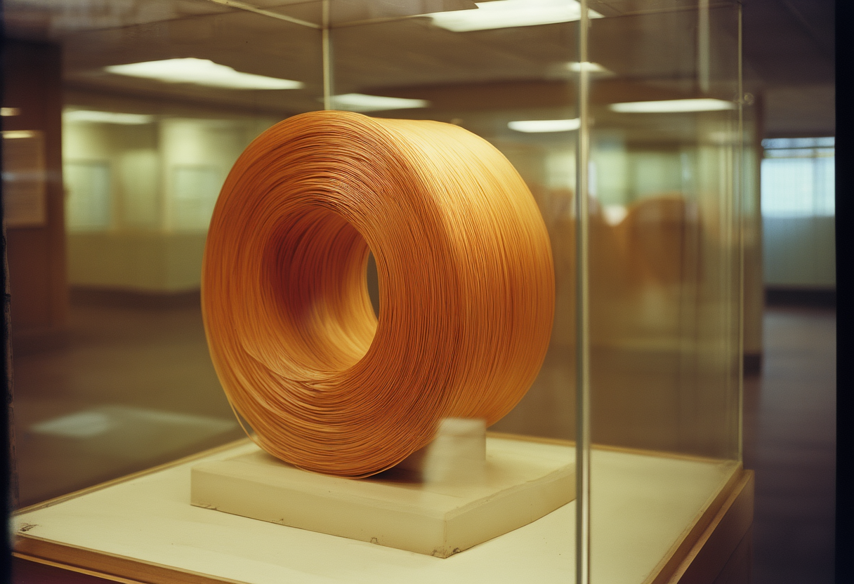 A coiled spool of optical fibre displayed behind glass on a plinth in an exchange lobby.