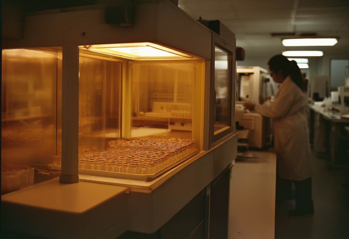 A technician at a bench-top sequencer in a dark overnight lab, the instrument screen glowing amber beside a tray of sample vials.