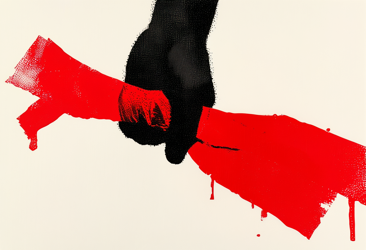 A black stencil hand presses a cut scion into a notched branch, the union bound with a single band of red tape.