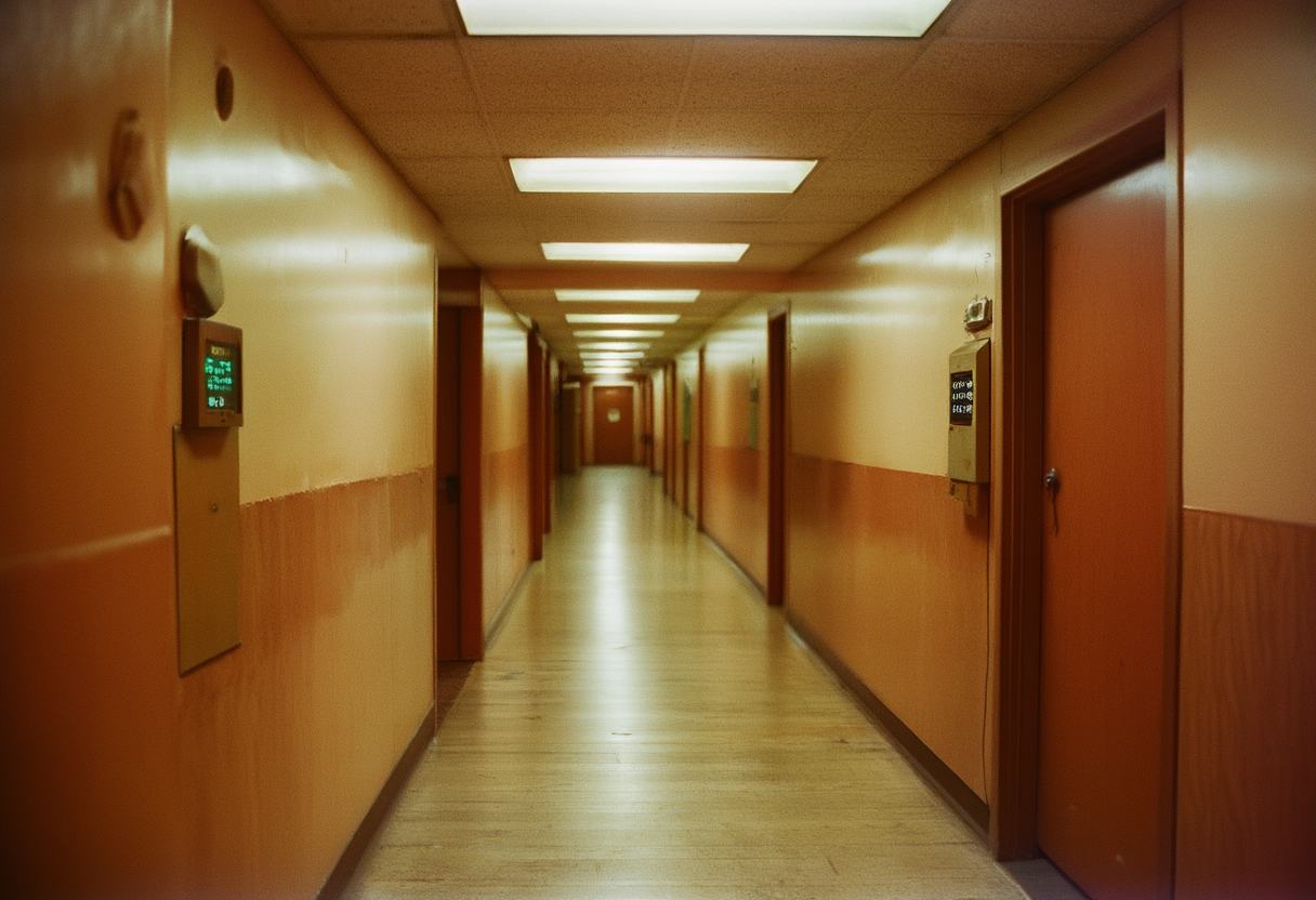A long corridor of identical narrow doors, each with a small plate and a mechanical timer mounted beside it.