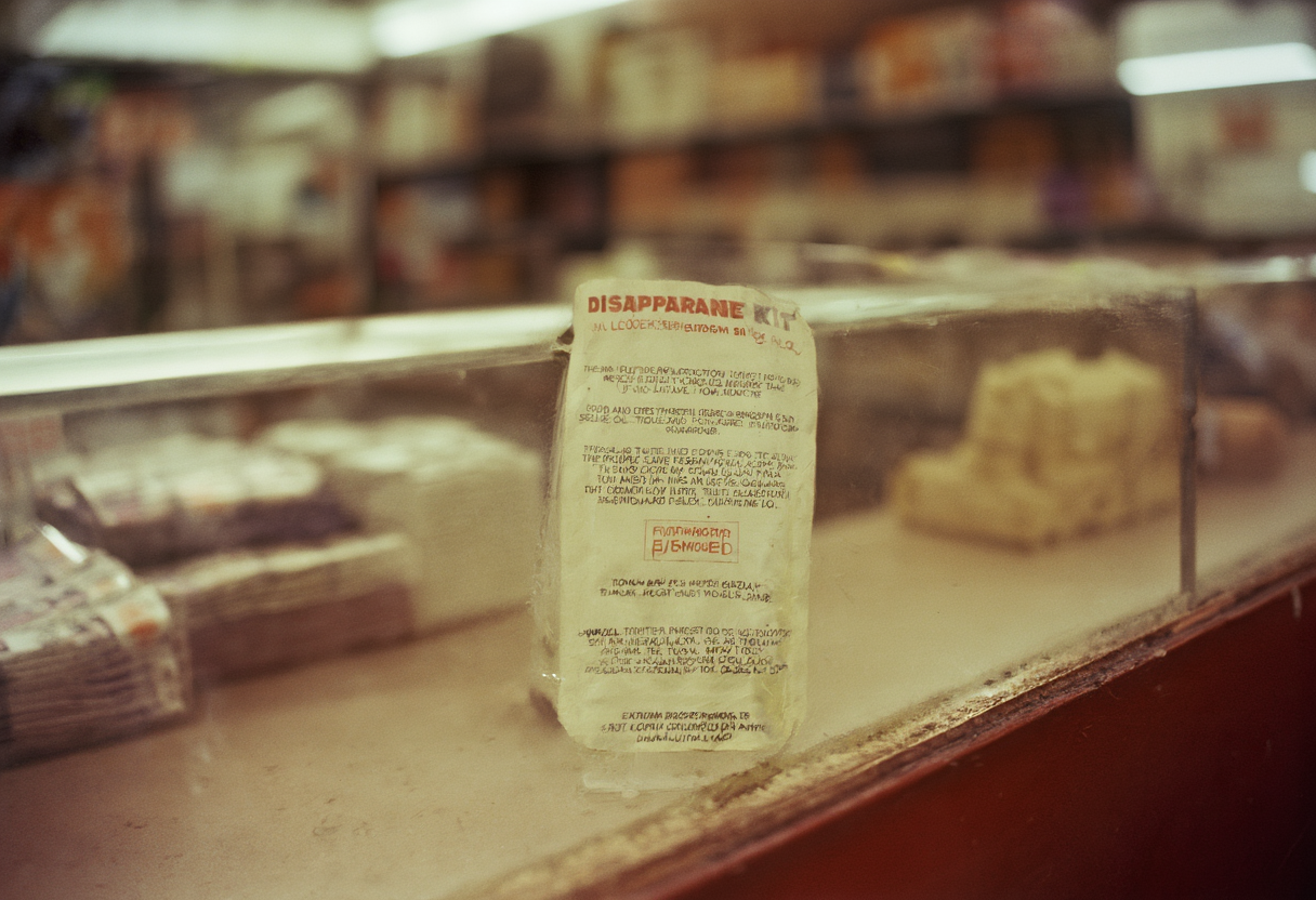A 'disappearance kit' — prepaid SIM, cash card, and a foil signal-blocking sleeve — laid out on a counter, sold at a Tucson smoke shop, 2035.
