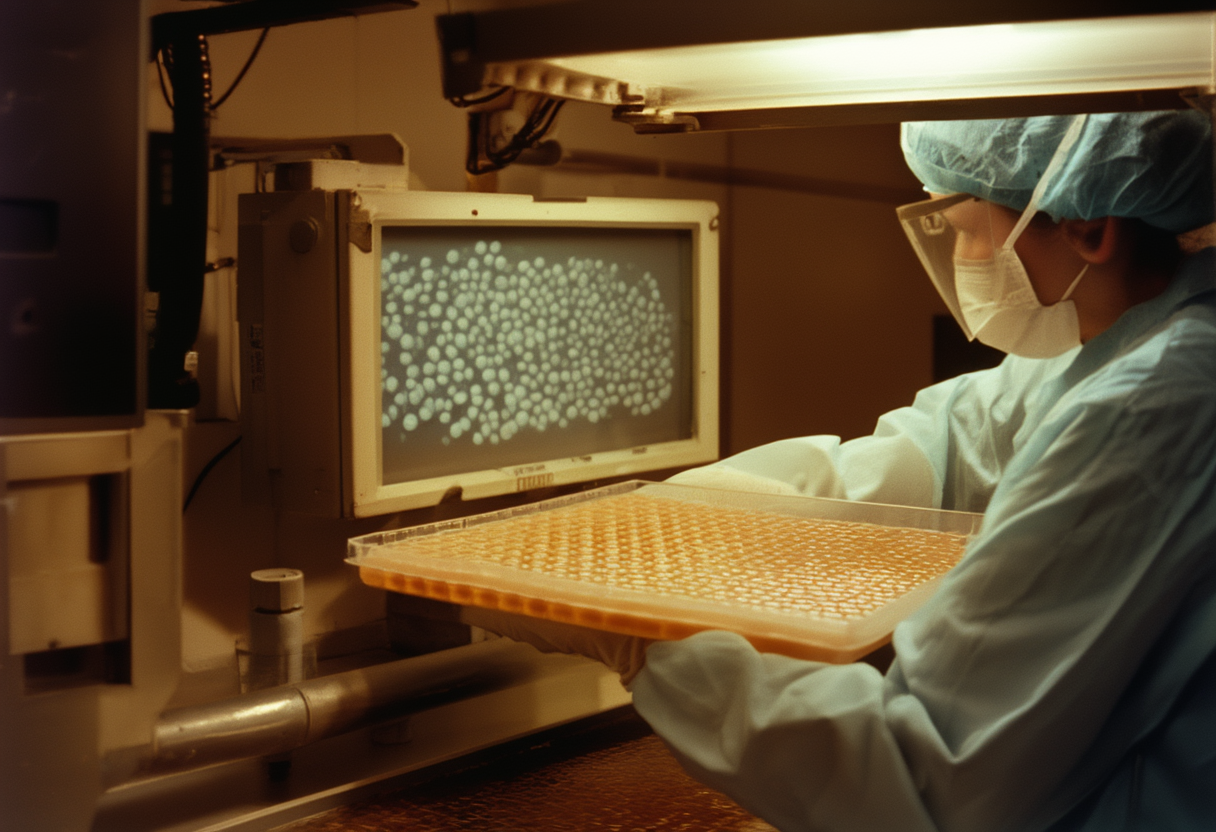 A gloved technician in a basement laboratory lifts a 96-well plate off a robotic imaging stage; a monitor beside her shows a grid of small pale clusters rendered in grayscale.