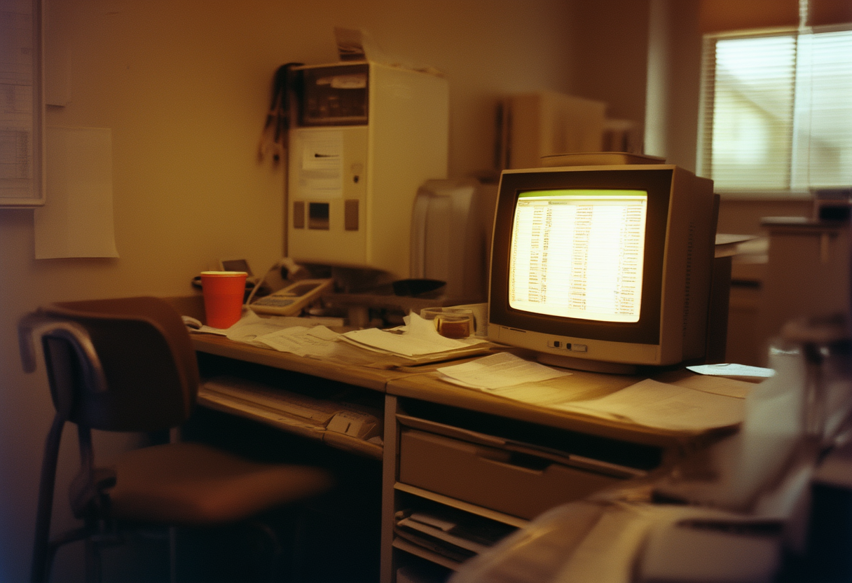 An oncologist's monitor in a small hospital office showing a sorted list of drug names with numeric scores; a paper chart and a cold cup of coffee sit beside the keyboard.
