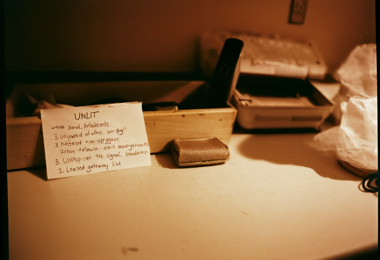 A tenant's 'unlit' kit — a basic handset, a signal-blocking pouch, and a note of appliances to unplug — beside the leased gateway that mapped the apartment anyway.