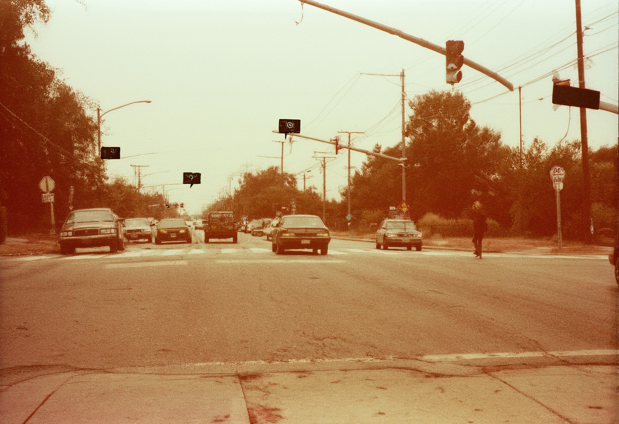 A 2036 intersection annotated by the systems reading it, with plain detection boxes over the cars and the few distant pedestrians.