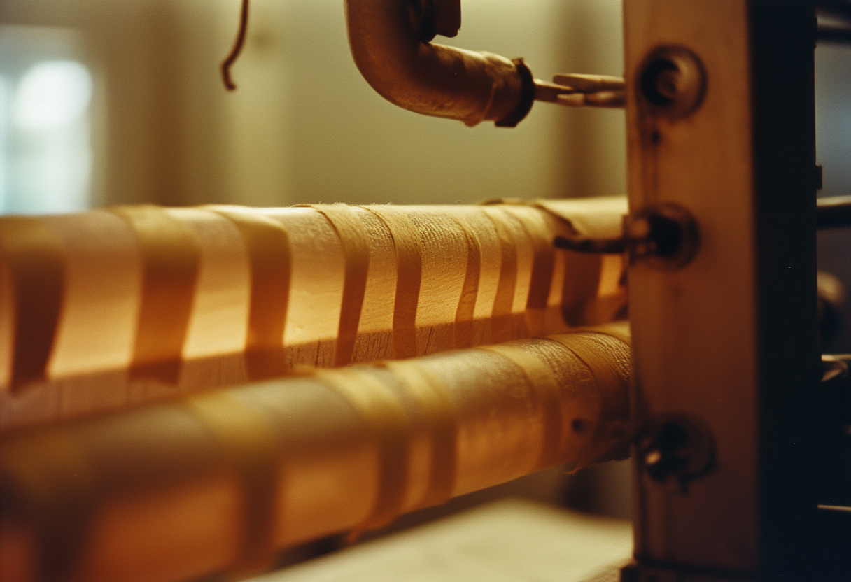 A cooling duct clamped to a test rig, yarn tufts along its surface bent by airflow, a pressure tap tube running off frame.