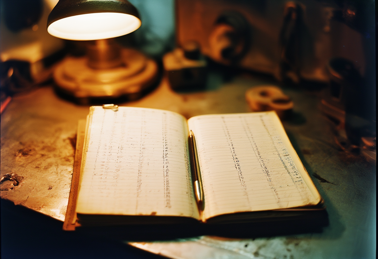A worn logbook open on a metal workbench, two parallel columns of handwritten figures, a pencil in the gutter.