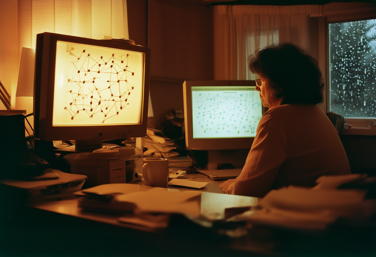 A woman in her forties at a cluttered night-shift desk in a small office, lit by two monitors showing a large branching diagram of nodes and arrows; rain on a dark window behind her, a cold mug, a taped sticky note on the monitor bezel.