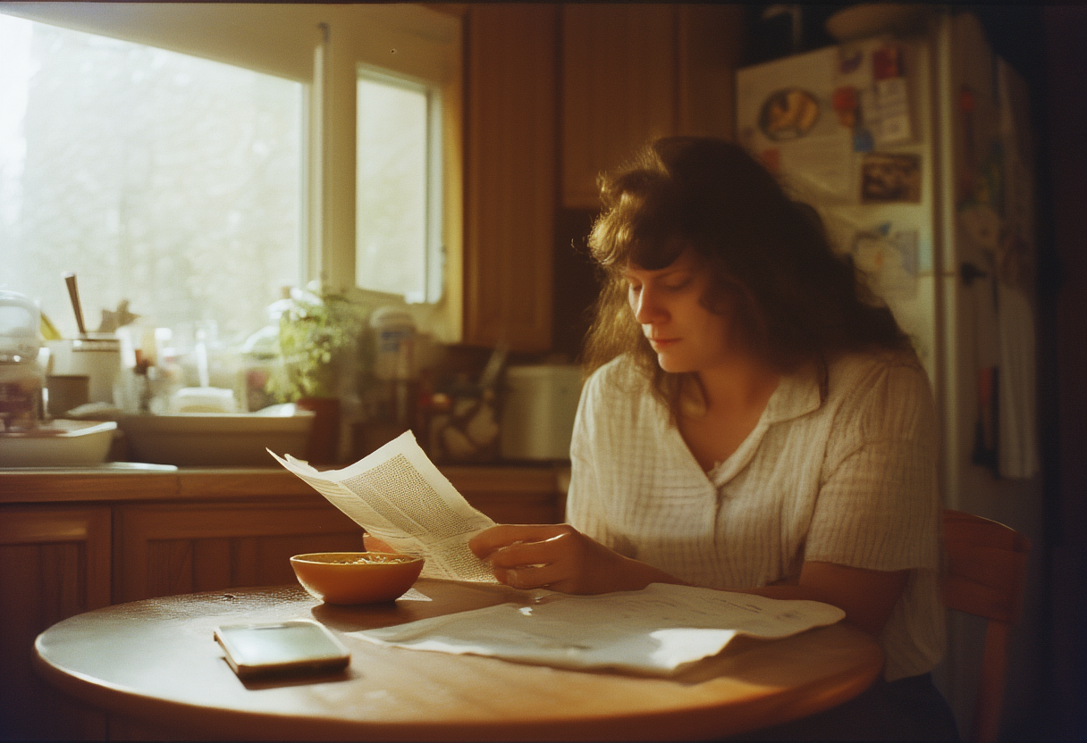 A woman at a kitchen table in a small flat, morning light, reading a stapled printed document several pages thick, a phone face-down beside a cereal bowl.