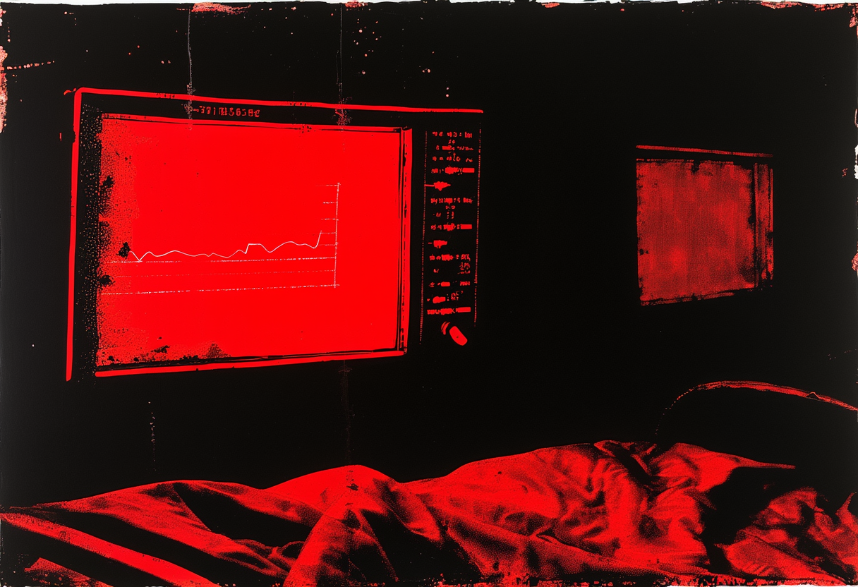 A hospital monitor showing calm, unremarkable vital-sign trend lines at night.
