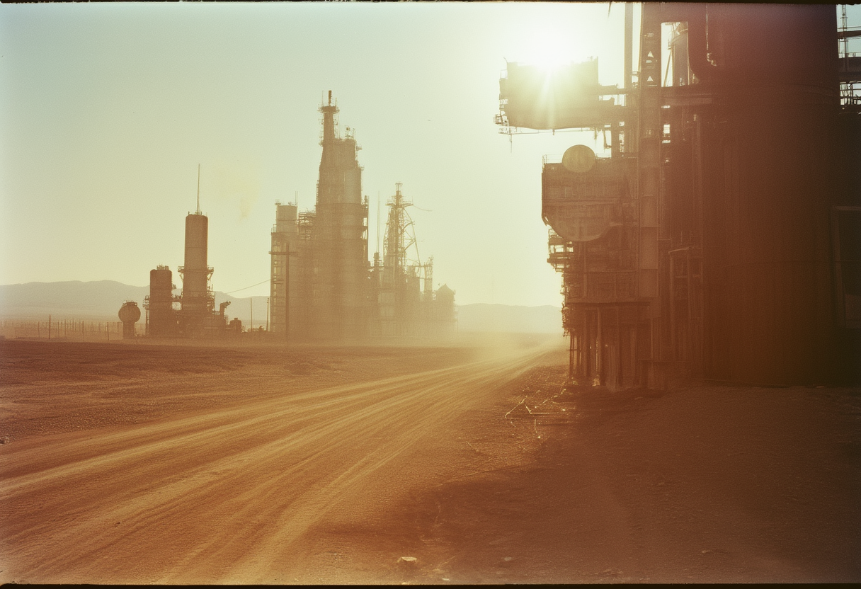 A twelve-sector mechanical city traversing high desert toward the Great Lakes basin, 2036