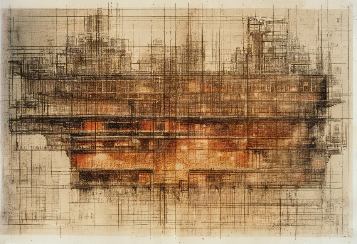 Cross-section schematic of a mechanical city, upper habitation sectors over lower service hull, 2036