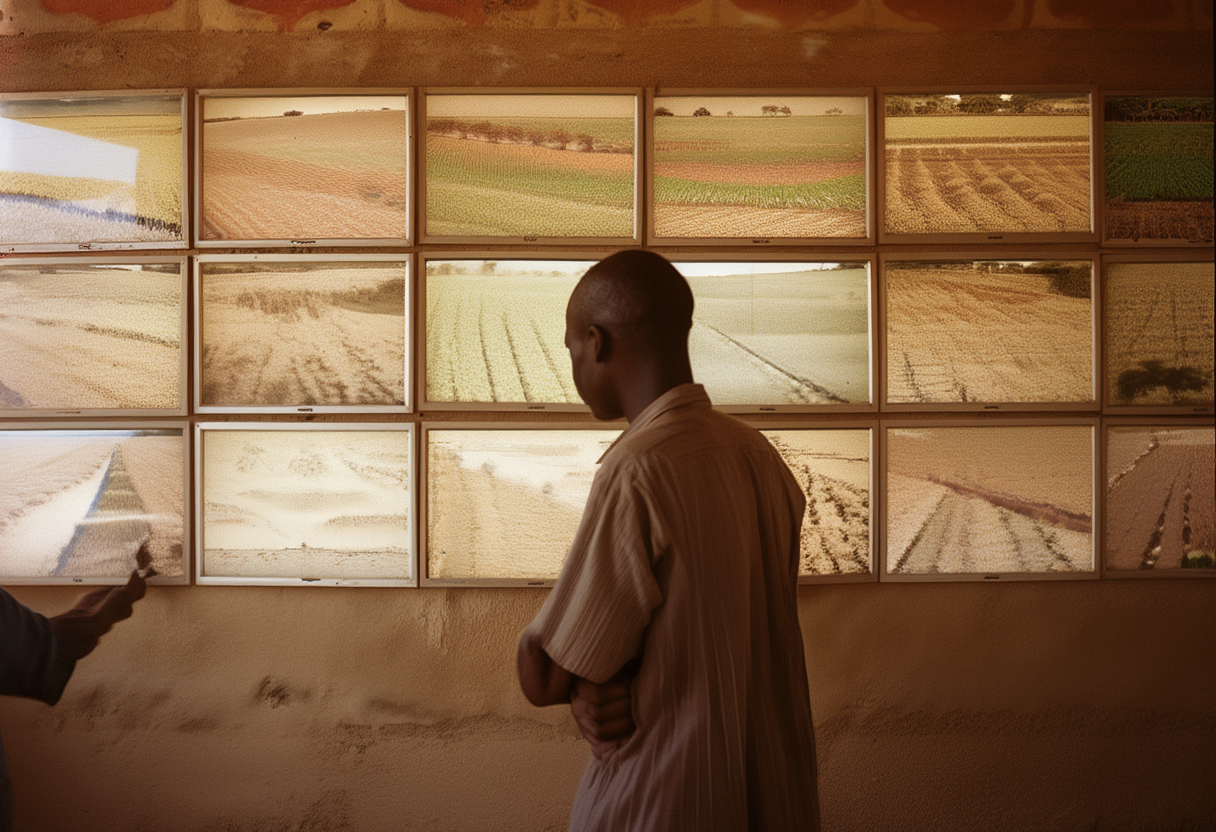 A Kaduna cassava cooperative's monitoring wall, March 2036. Seventeen subscribed systems render the same field in…