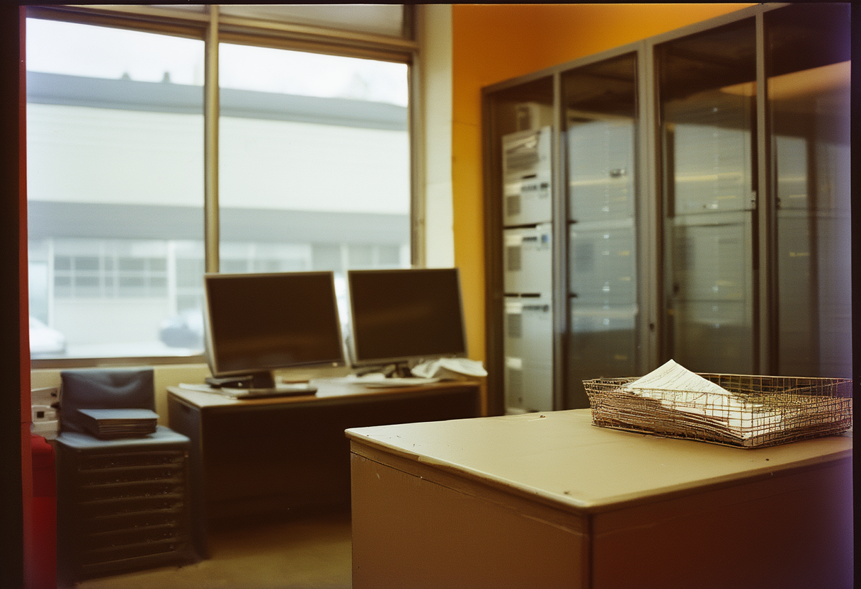 A small records office with two monitors, a tray of printed forms and a glass-fronted rack of grey server cases.
