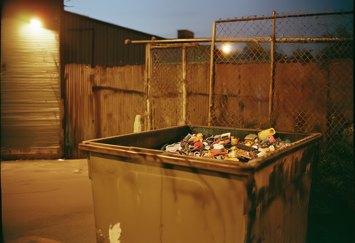 A steel recycling bin half filled with small plastic toy shells and consumer electronics at dusk.